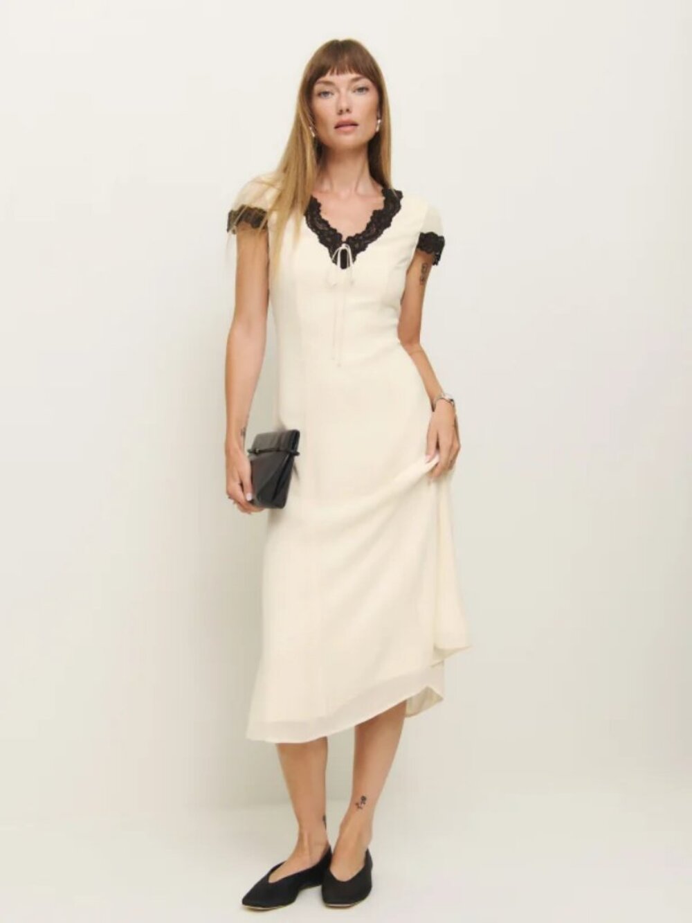 NWOT Reformation Tiffie Dress in Fior Di Latte White Black Midi Lace Size 4